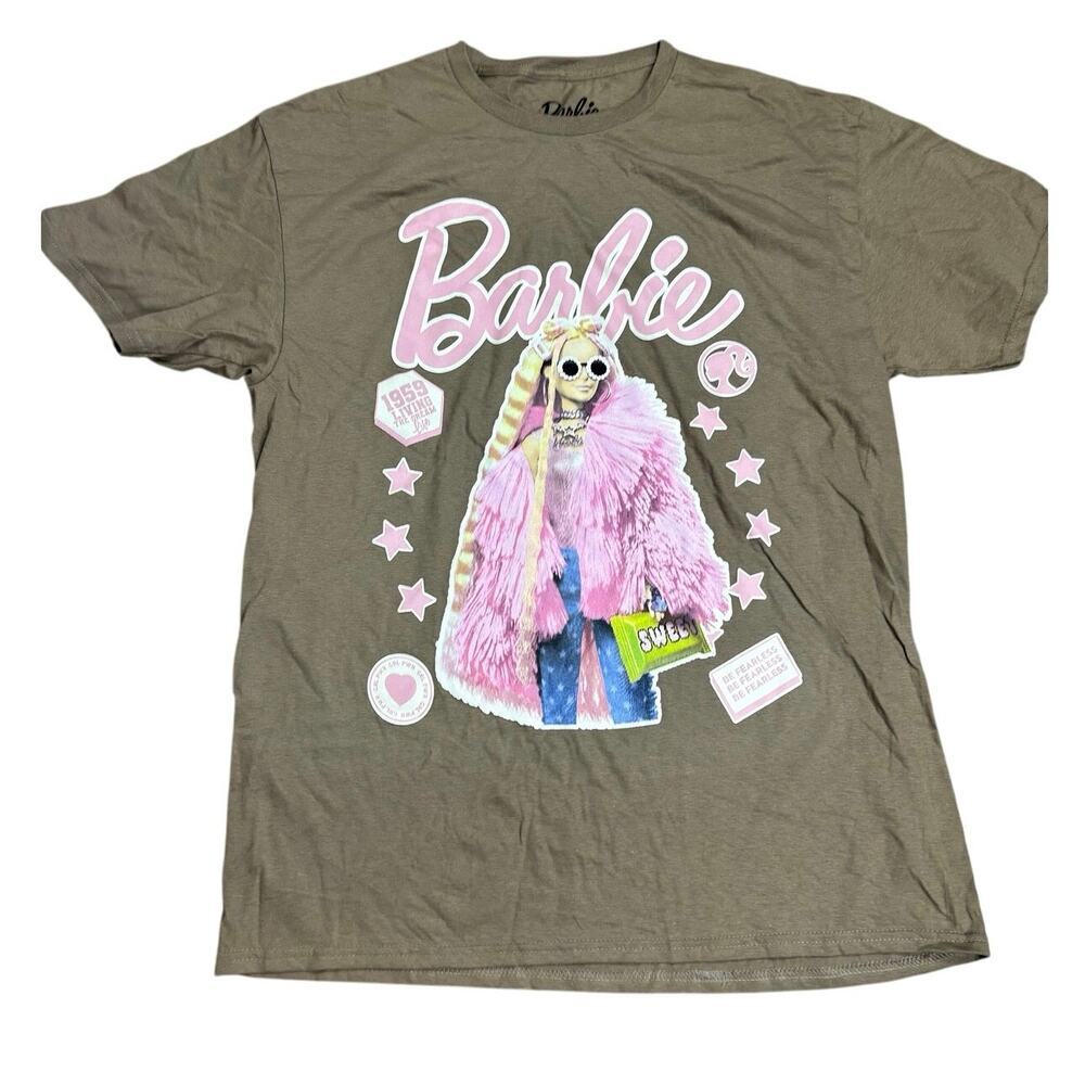 Barbie Women’s Large Graphic Tee – Brown T-Shirt Pink Retro Style Logo Mattel